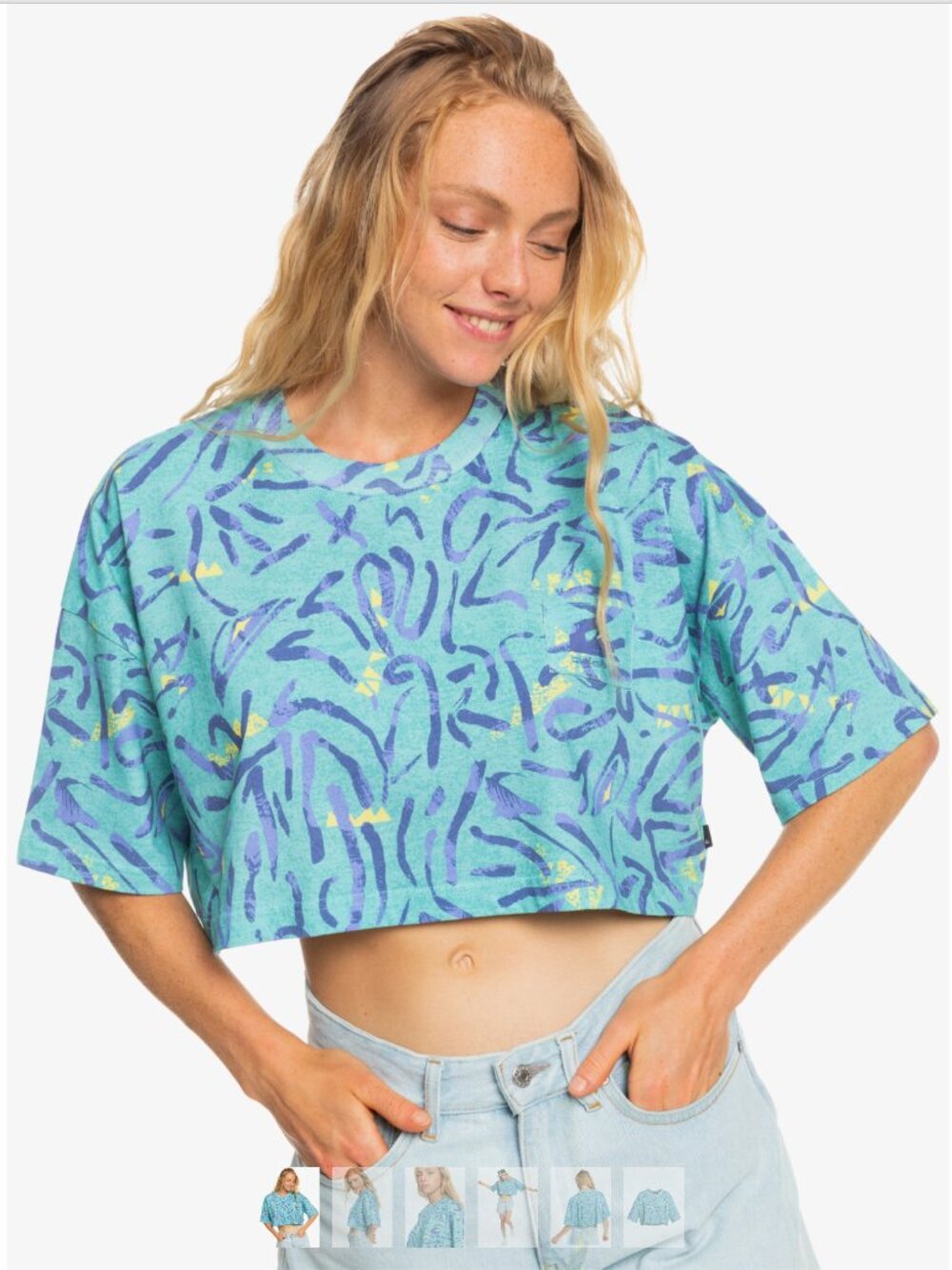 QUIKSILVER Women's Mysterious Waves Short Sleeve Cropped Tee sz L
